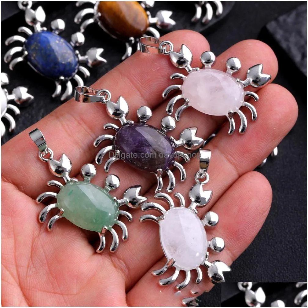 natural stone crab charm pendant necklace cabochon crystal beads cute ocean animal necklaces jewelry for girl women