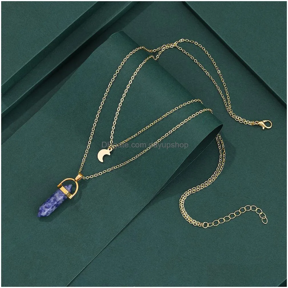bohemia opal hexagonal column stone quartz moon choker necklace fashion bullet crystal pendant necklace for women jewelry