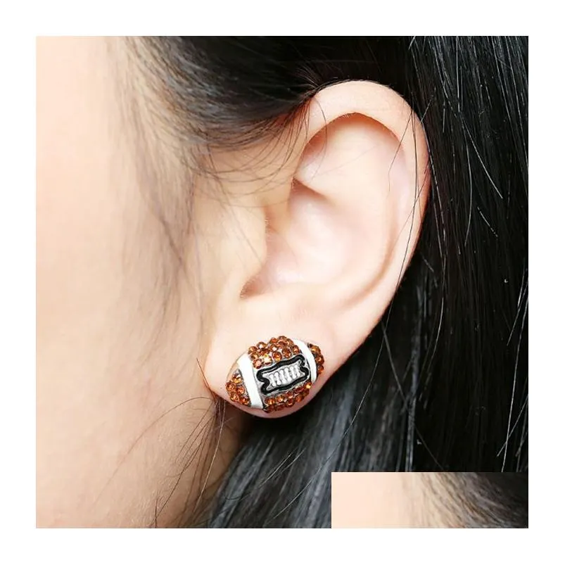 shiny rhinestone american football stud earrings for women girls fashion post earrings rugby party gifts sports jewelry