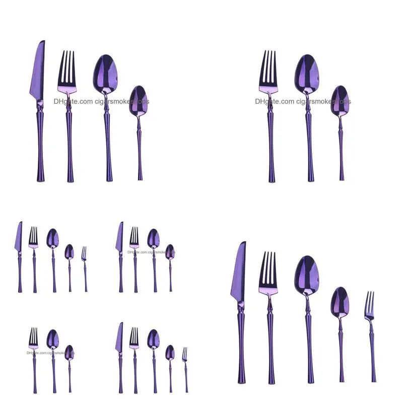 5 pcs/set purple stainless steel cutlery flatware set knife fork spoon dinnerware set western dessert high grade tableware set