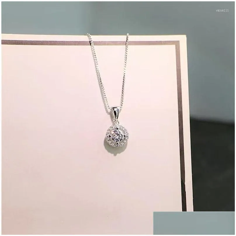 Pendant Necklaces Pendant Necklaces 925 Sterling Sier Zircon Round Necklace Female Fashion Egg Single Diamond Clavicle Chain Birthday Dhy9T