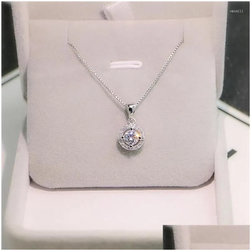 Pendant Necklaces Pendant Necklaces 925 Sterling Sier Zircon Round Necklace Female Fashion Egg Single Diamond Clavicle Chain Birthday Dhy9T
