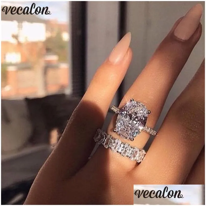 Wedding Rings Vecalon Classic 925 Sterling Sier Ring Set Oval Cut 3Ct Diamond Cz Engagement Wedding Band Rings For Women Bridal Bijoux Dhoe7