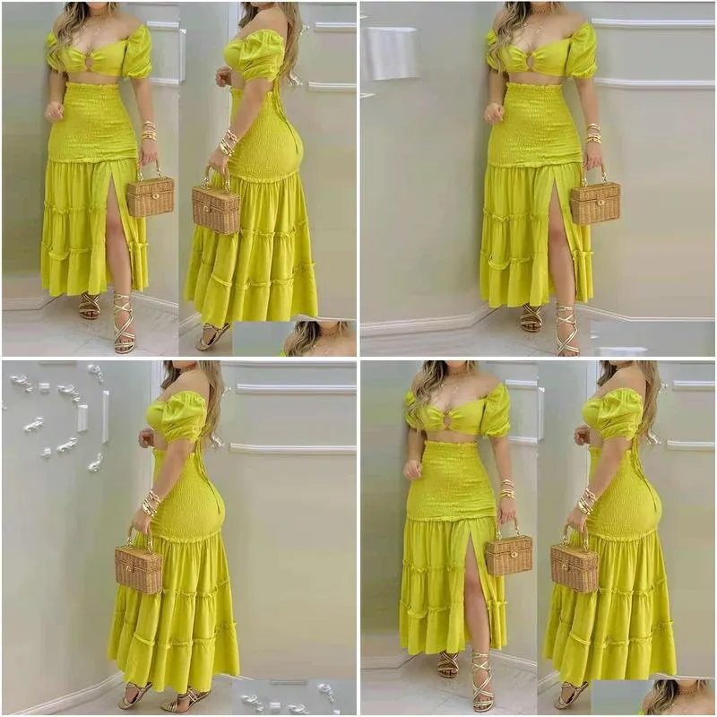 Two Piece Dress Women Elegant Set Outfits O-Ring Crop Top Frill Hem Shirred Slit Maxi Skirt Casual Summer 210521 Drop Delivery Appar Dhysk