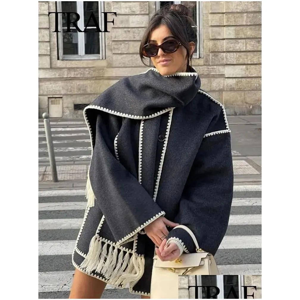 Women`S Wool & Blends Womens Wool Blends Traf Winter Women Woolen Coat Work Tassel Coats With Scarf Long Sleeve Pocket Single Breasted Otbmx