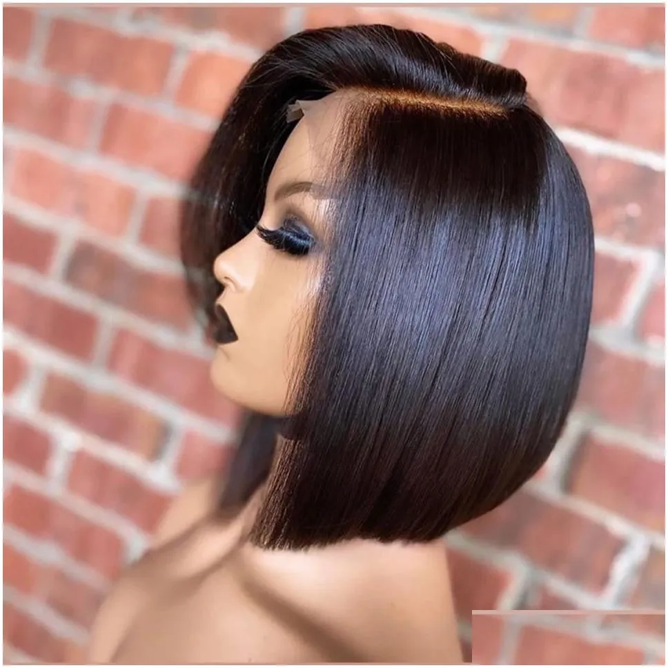 Synthetic Wigs Bob Wig Lace Front Brazilian Human Hair For Black Women Pre Plucked Short Natural 13X4 Straight Hd Fl Frontal Closure Dhpfl