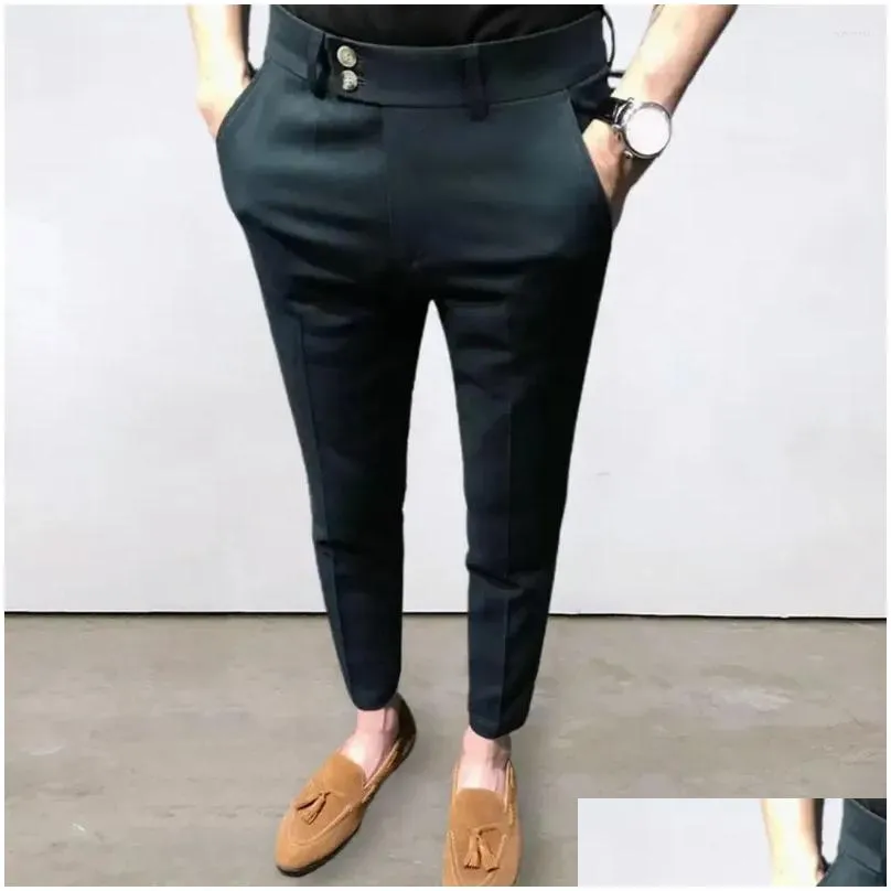 mens suits chic men trousers young style soft fabric ankle length zip up straight