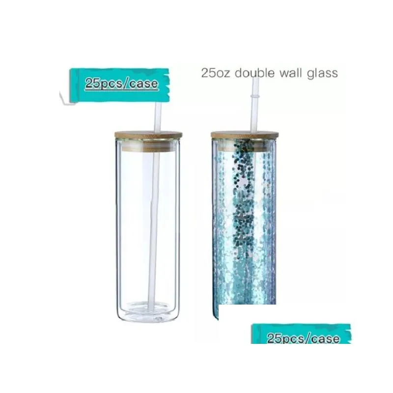 Local Warehouse 16oz Sublimation Glass Can Double Wall Snow Globe glass Wine Glasses Fosted Clear Drinking Glasses With Bamboo Lid and straws US