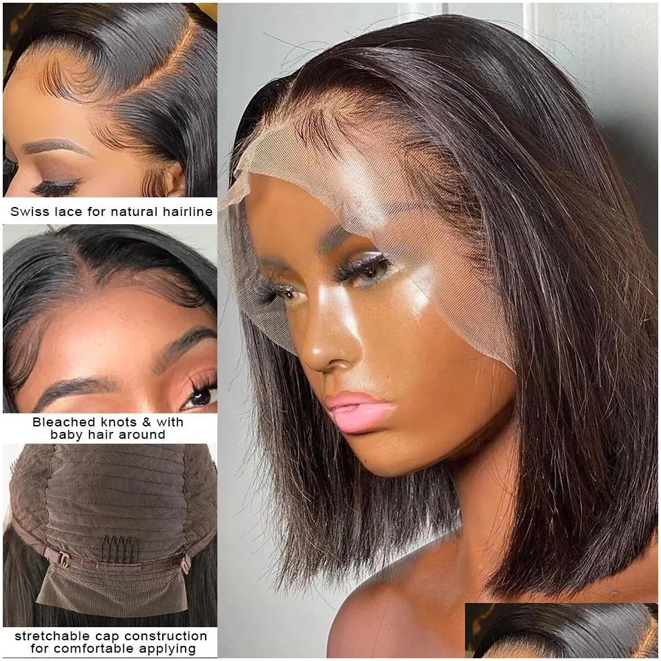 Synthetic Wigs Bob Wig Lace Front Brazilian Human Hair For Black Women Pre Plucked Short Natural 13X4 Straight Hd Fl Frontal Closure Dhpfl