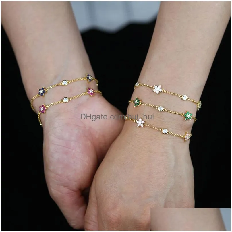 Charm Bracelets High Quality Cz Station Link Chain Flower Bracelet 15Add4Cm Extend Cute Lovely Women Girl Fashion Wholesale Drop Del Dhyv6