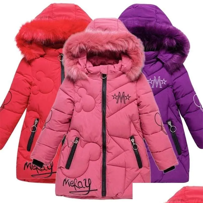 Baby girl clothes 3-12 years old winter padded jacket warm fashion children`s hooded girls faux fur 211025