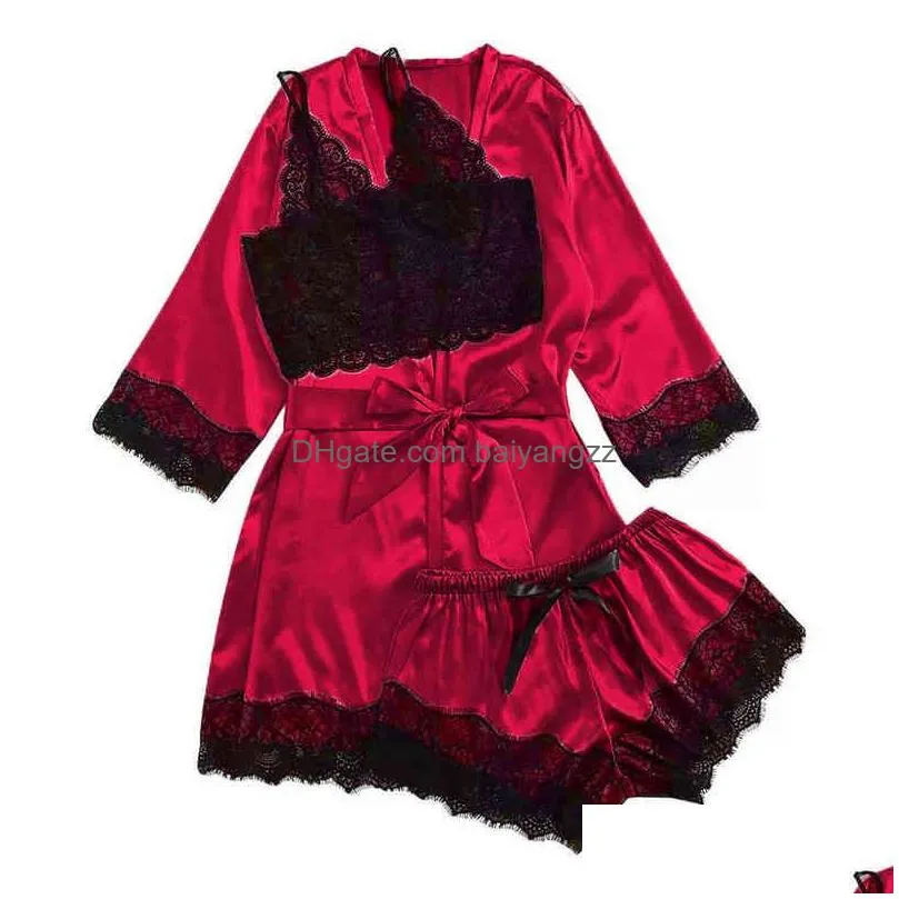 Sexy Set Customized Production Of Pajamas Perspective Lace Kimono Suit Fun Underwear 211203 Drop Delivery Apparel Dhl6Y