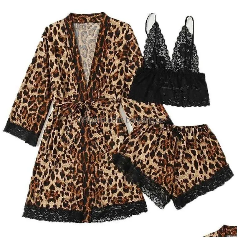 Sexy Pyjamas Womens Pajamas Leopard Print Ice Set Lace Fun Charm Comfortable Home Clothes Three Piece 211202 Drop Delivery Apparel Un Dhau0
