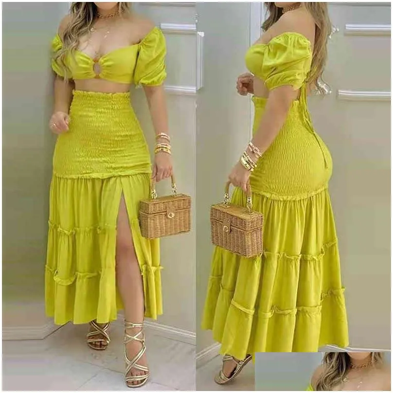 Two Piece Dress Women Elegant Set Outfits O-Ring Crop Top Frill Hem Shirred Slit Maxi Skirt Casual Summer 210521 Drop Delivery Appar Dhysk