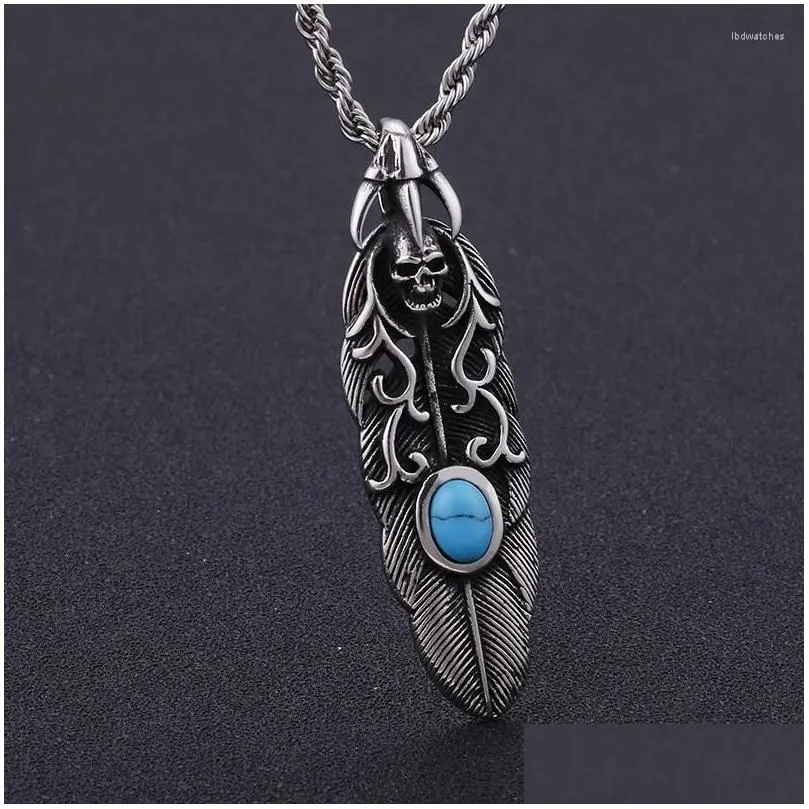 Pendant Necklaces Stainless Steel Feather Skull European And American Vintage Jewelry