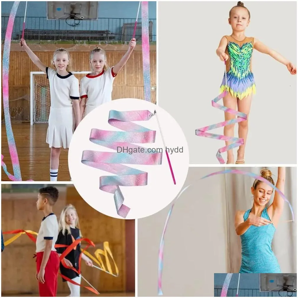 Yoga Hair Bands Body Mechanics Clothing 2M 4M Art Gymnastics Ballet Dance Ribbon With Twirling Stick Kid Flashing Glitter Sport Perf Dh38L