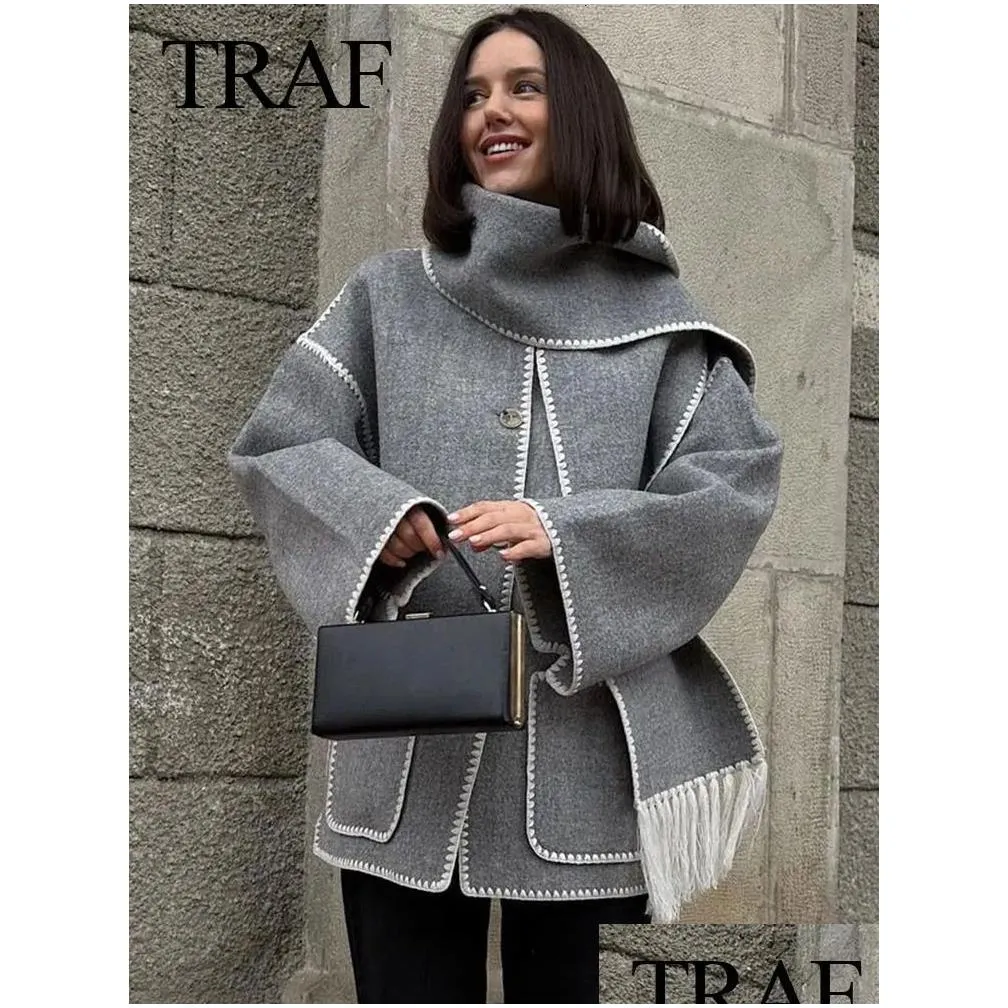 Women`S Wool & Blends Womens Wool Blends Traf Winter Women Woolen Coat Work Tassel Coats With Scarf Long Sleeve Pocket Single Breasted Otbmx