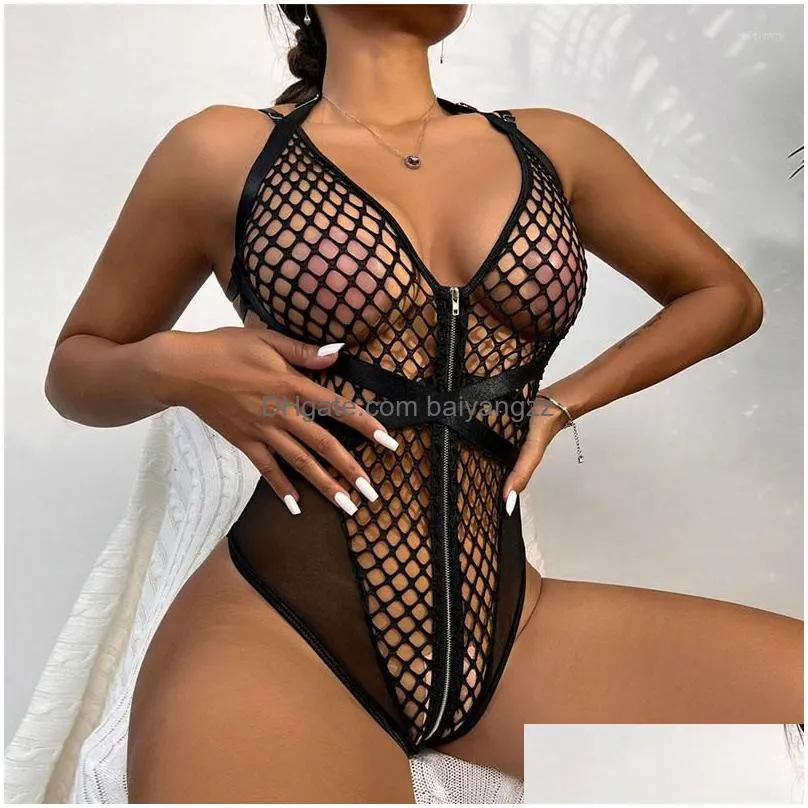 Bras Sets Women Lingerie Set Perspective Grid Sexy Bodysuit Female Erotic Mesh Underwire Pajamas Summer Sha Gather Fun Jumpsuit Drop Dhzvi