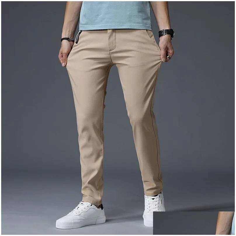 Mens Pants Spring Men Fashion Business Stretch Chinos Trousers Casual Black Cotton Pentalon Homme Clothing Drop Delivery Apparel Dhzvv