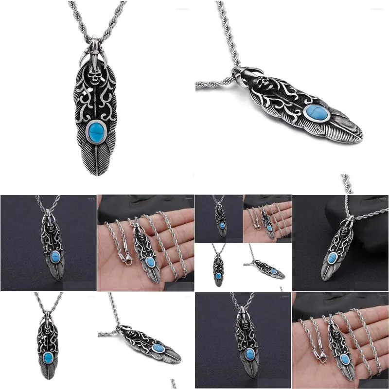 Pendant Necklaces Stainless Steel Feather Skull European And American Vintage Jewelry