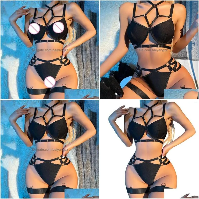 Bras Sets 2023 Nightclub Sexy Girl Binding Craft Fun Underwear Set Crotchless Mesh Pajamas Bodysuit Lingerie Drop Delivery Apparel Wo Dhkyl