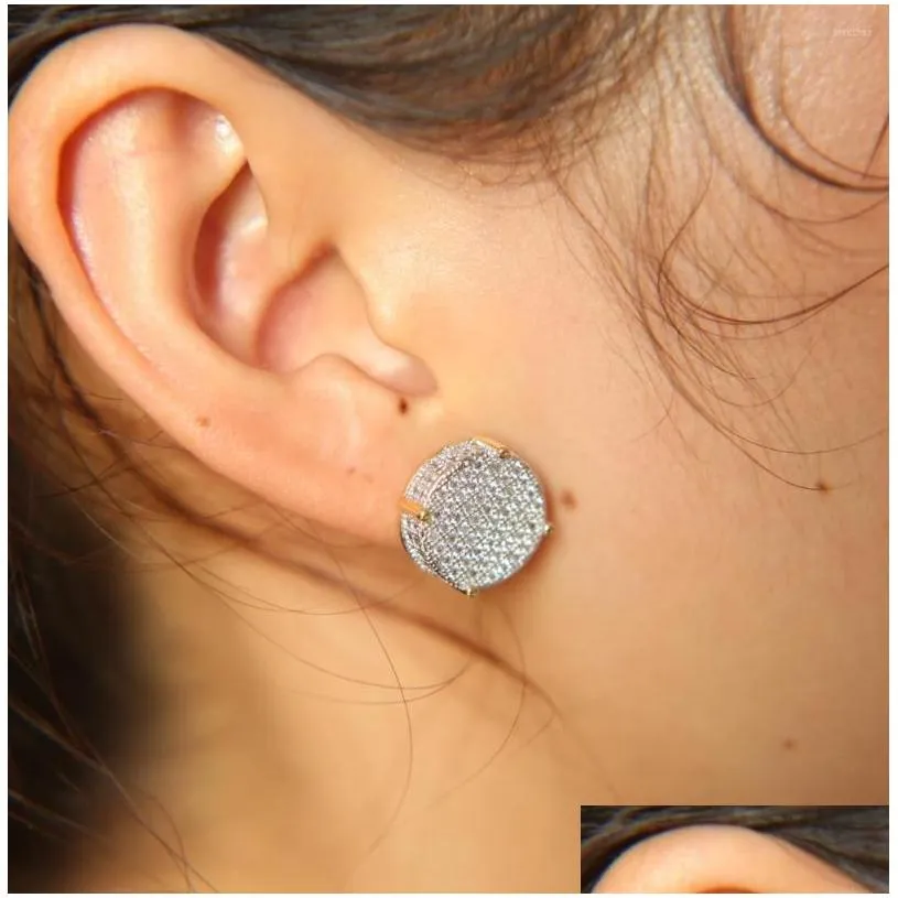 Stud Earrings Fashion Girl Big XL Disco Dots Micro Pave Cubic Zirconia Gold Color 14mm Screw Back Cz Earring For Women Men