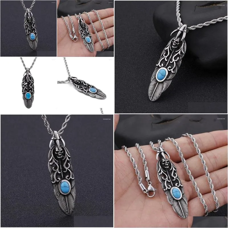 Pendant Necklaces Stainless Steel Feather Skull European And American Vintage Jewelry