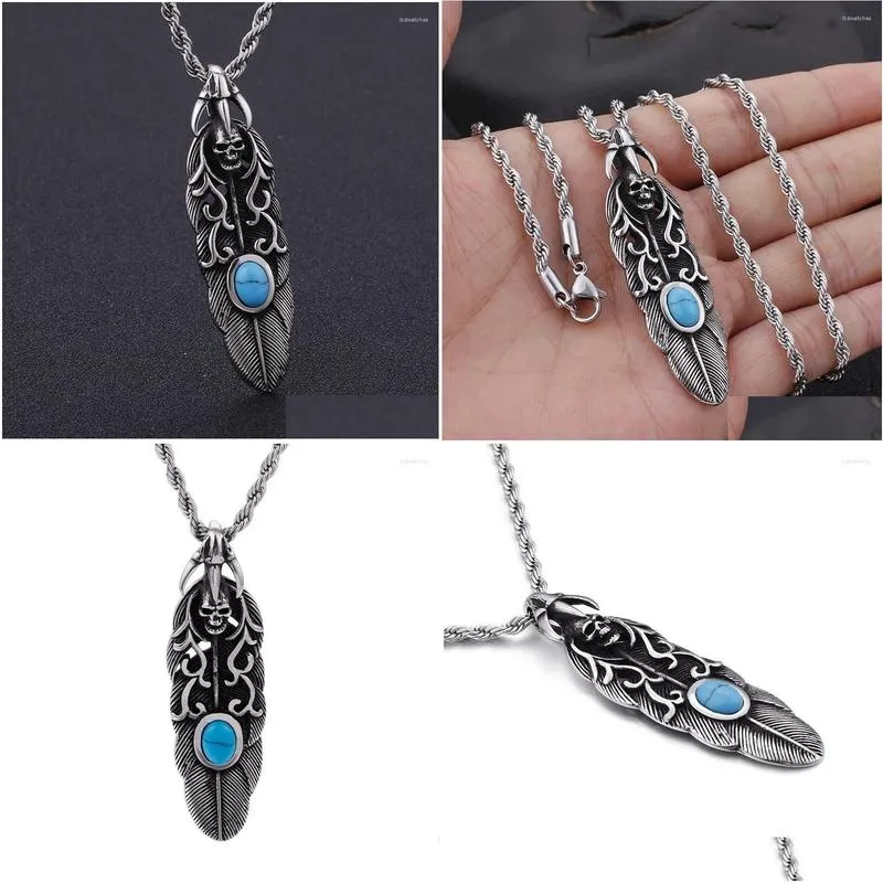 Pendant Necklaces Stainless Steel Feather Skull European And American Vintage Jewelry