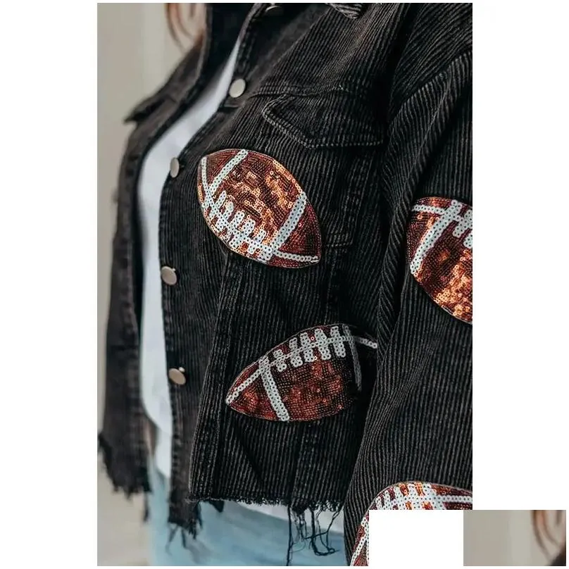 womens jackets black football sequin corduroy jacket stadium style football season retro turn-down collar autumn jacket for women