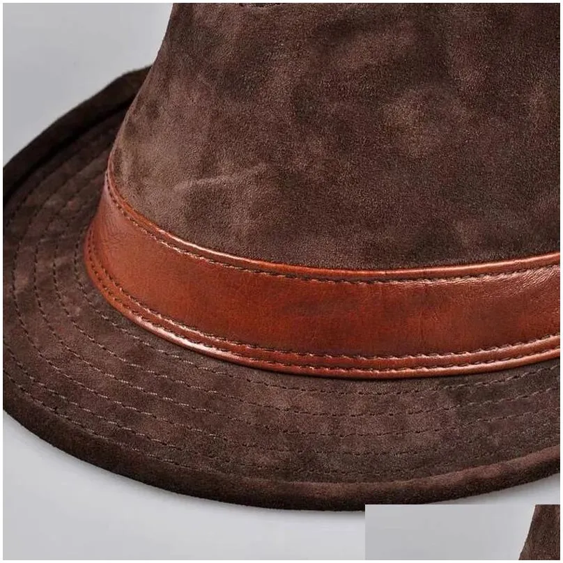 wide brim hats bucket winter genuine leather top for menwomen british gentlemen stetson fedoras 5560cm fitted brown gorra male 231013