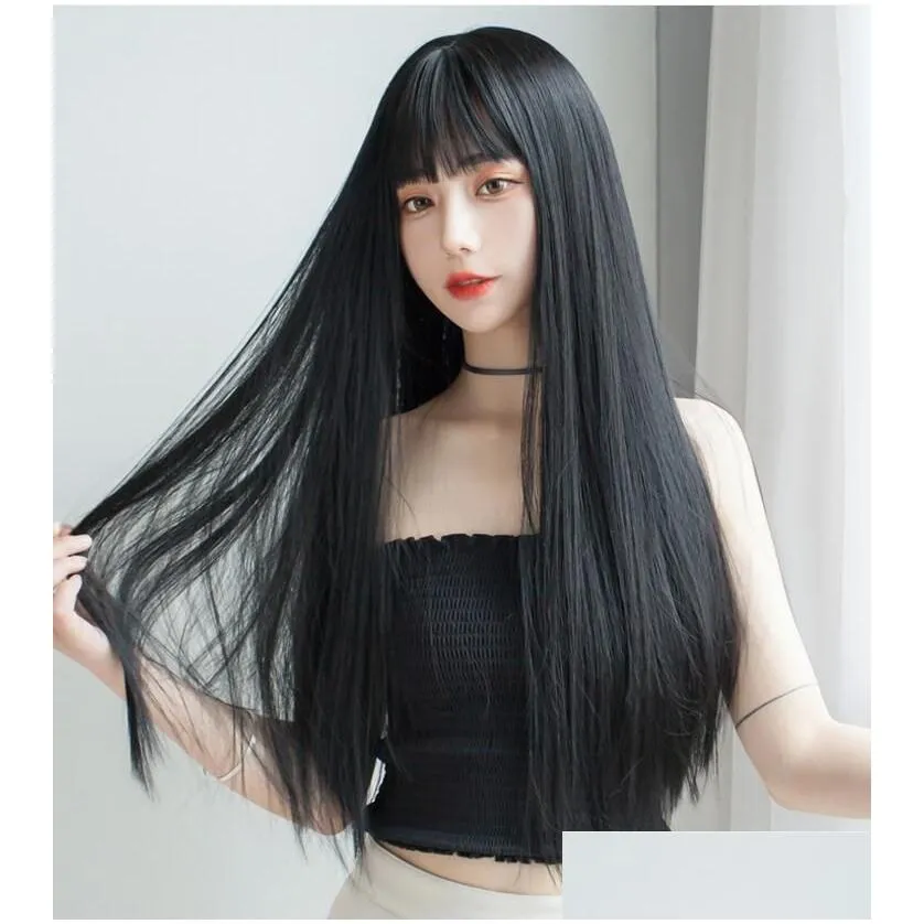 aaa5 brazilian black long silky straight full wigs human hair heat resistant glueless synthetic lace front wig for fashion women