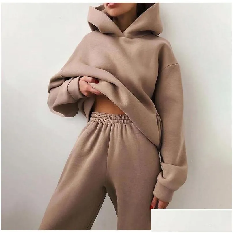 Womens Two Piece Pants Tracksuit Suit Autumn Fashion Warm Hoodie Sweatshirts Pieces Oversized Solid Casual Hoody Plovers Long Pant D Dhsko