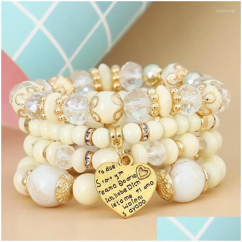 Charm Bracelets Heart Beads Bracelet Set For Women Crystal Stone Multilayer Bohemia Wristbands Party Jewelry Bijoux
