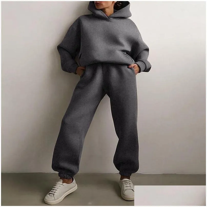 Womens Two Piece Pants Tracksuit Suit Autumn Fashion Warm Hoodie Sweatshirts Pieces Oversized Solid Casual Hoody Plovers Long Pant D Dhsko