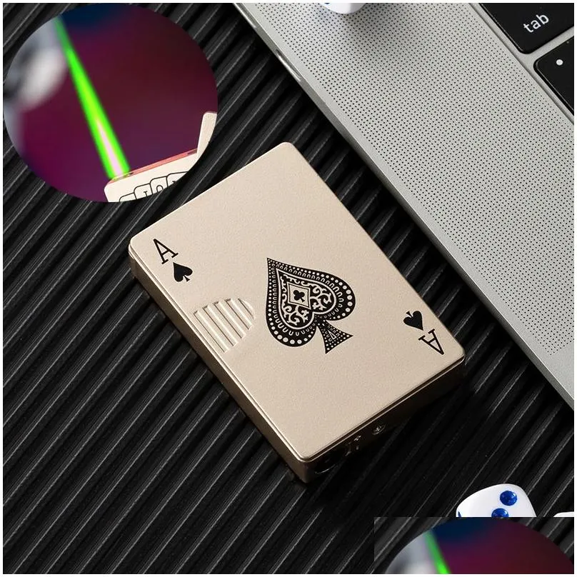 Lighters Creative  Torch Green Flame Poker Lighter Metal Windproof Playing Card Novel Funny Toy Smoking Accessories Gift Drop Del Dhcom
