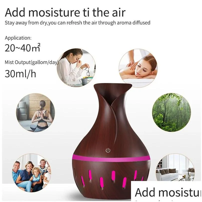  Oils Diffusers Oil Diffuser 300Ml Wood Air Humidifier Purifier With Grain Shape 7Colors Changing Led Lights For Office Dro Dh6Nk