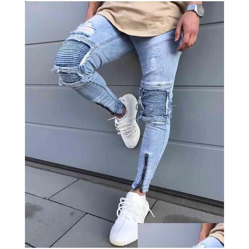 Mens Jeans Men Hip Hop Zipper Ripped Biker Fashion Slim Fit Motorcycle Died Holes Skinny Denim Joggers Pants G0104 Drop Delivery App Dhxnh