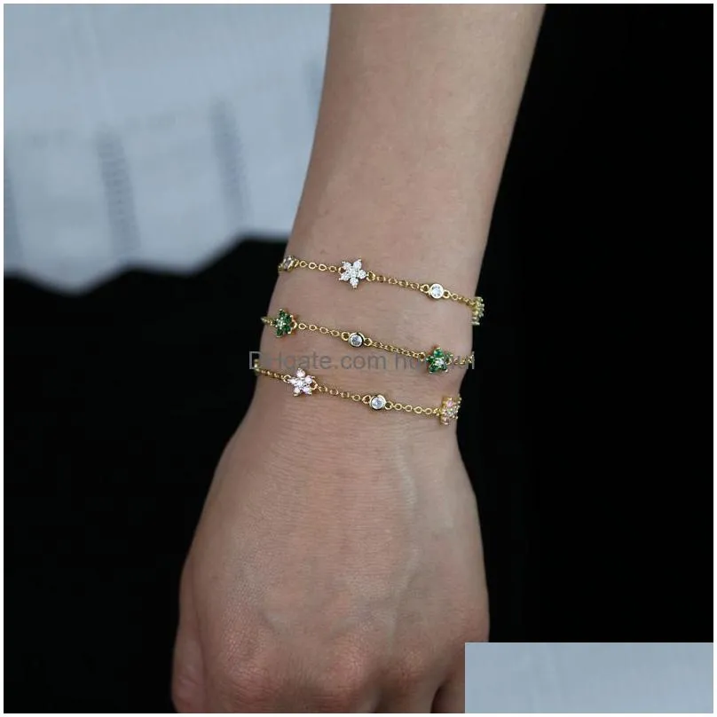 Charm Bracelets High Quality Cz Station Link Chain Flower Bracelet 15Add4Cm Extend Cute Lovely Women Girl Fashion Wholesale Drop Del Dhyv6