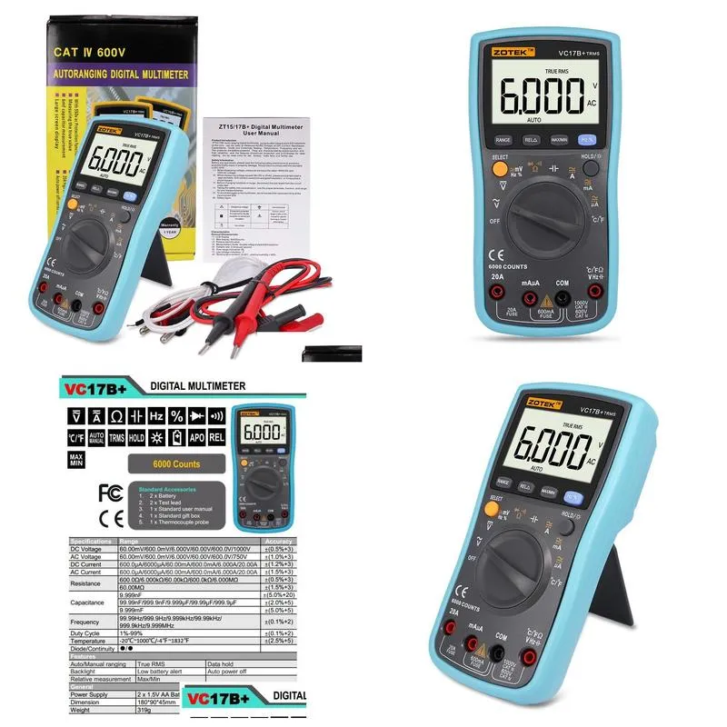 Multimeters Wholesale Zotek Vc17Baddmatic Range Digital Mtimeter For Large Sn Lcd Display True Rms Frequency Duty Cycle 6000 Word Drop Dhrjj