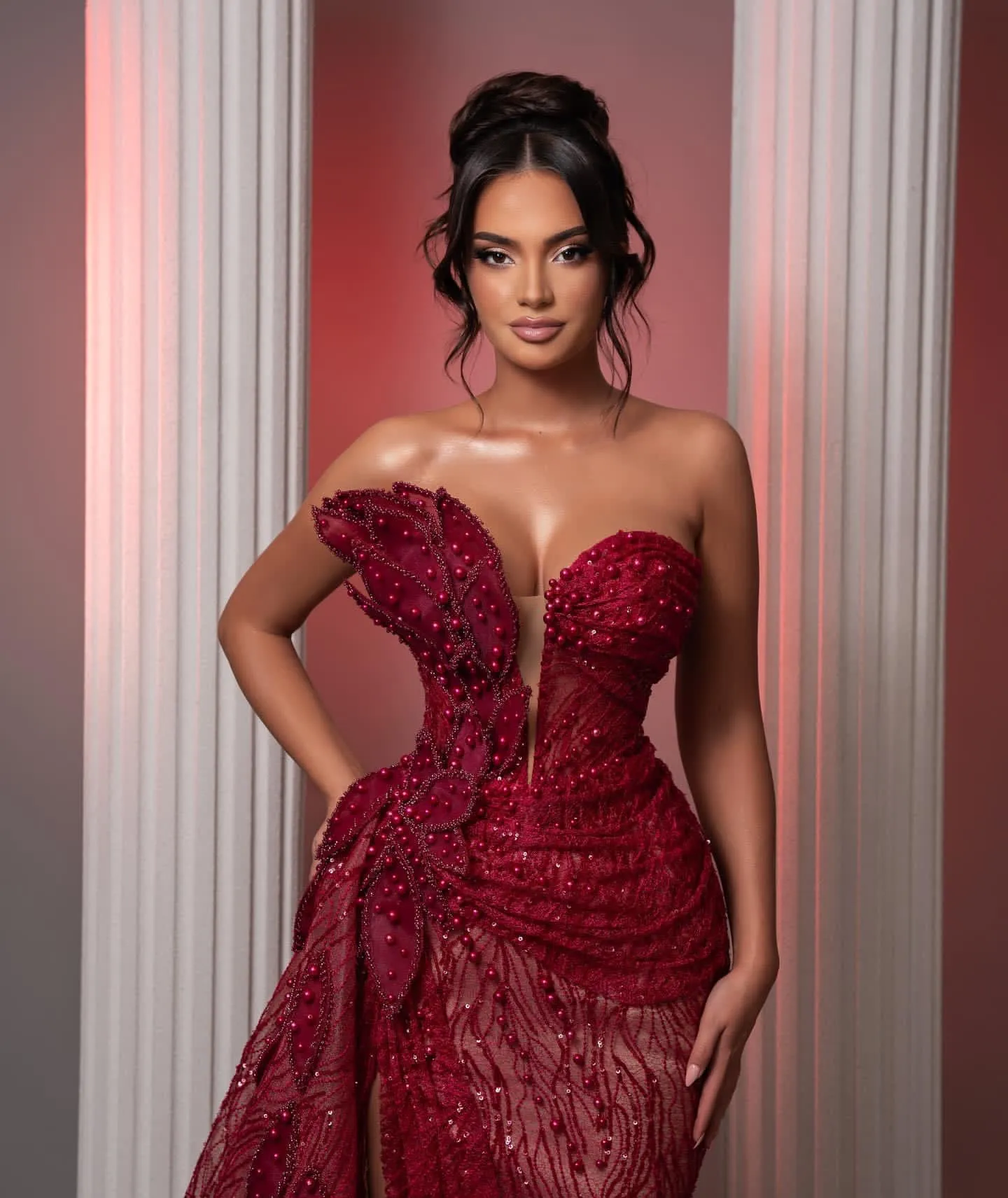 2023 Oct Aso Ebi Arabic Burgundy Sheath Prom Dress Lace Beaded Evening Formal Party Second Reception Birthday Engagement Gowns Dresses Robe De Soiree ZJ265