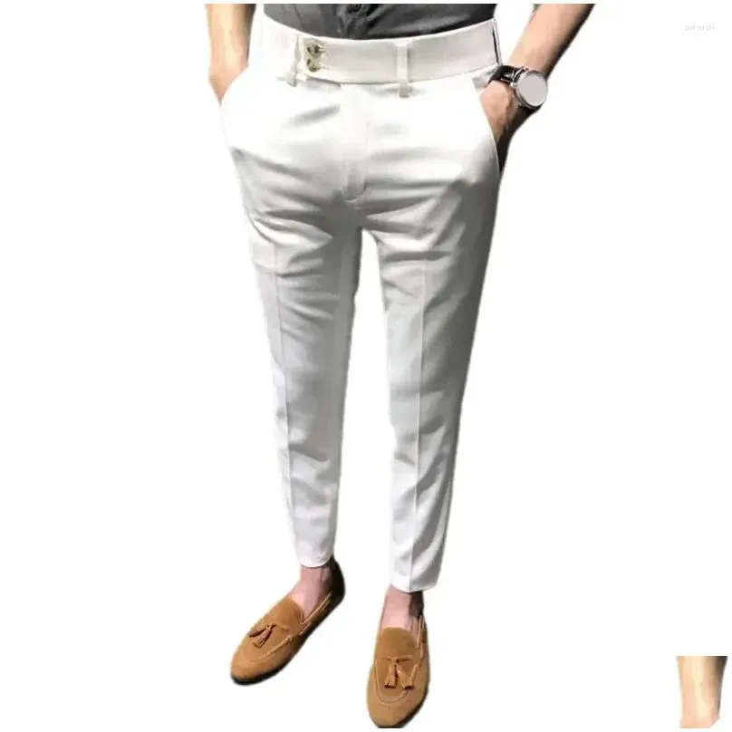 mens suits chic men trousers young style soft fabric ankle length zip up straight