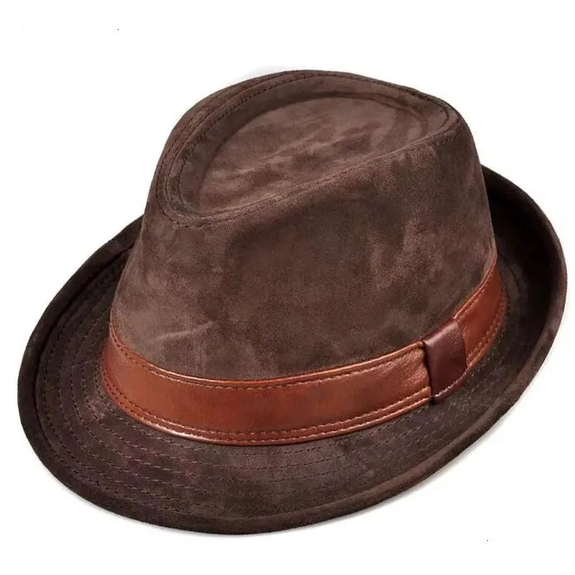wide brim hats bucket winter genuine leather top for menwomen british gentlemen stetson fedoras 5560cm fitted brown gorra male 231013