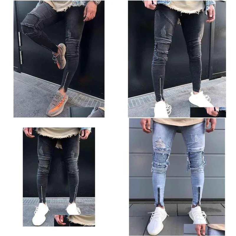 Mens Jeans Men Hip Hop Zipper Ripped Biker Fashion Slim Fit Motorcycle Died Holes Skinny Denim Joggers Pants G0104 Drop Delivery App Dhxnh