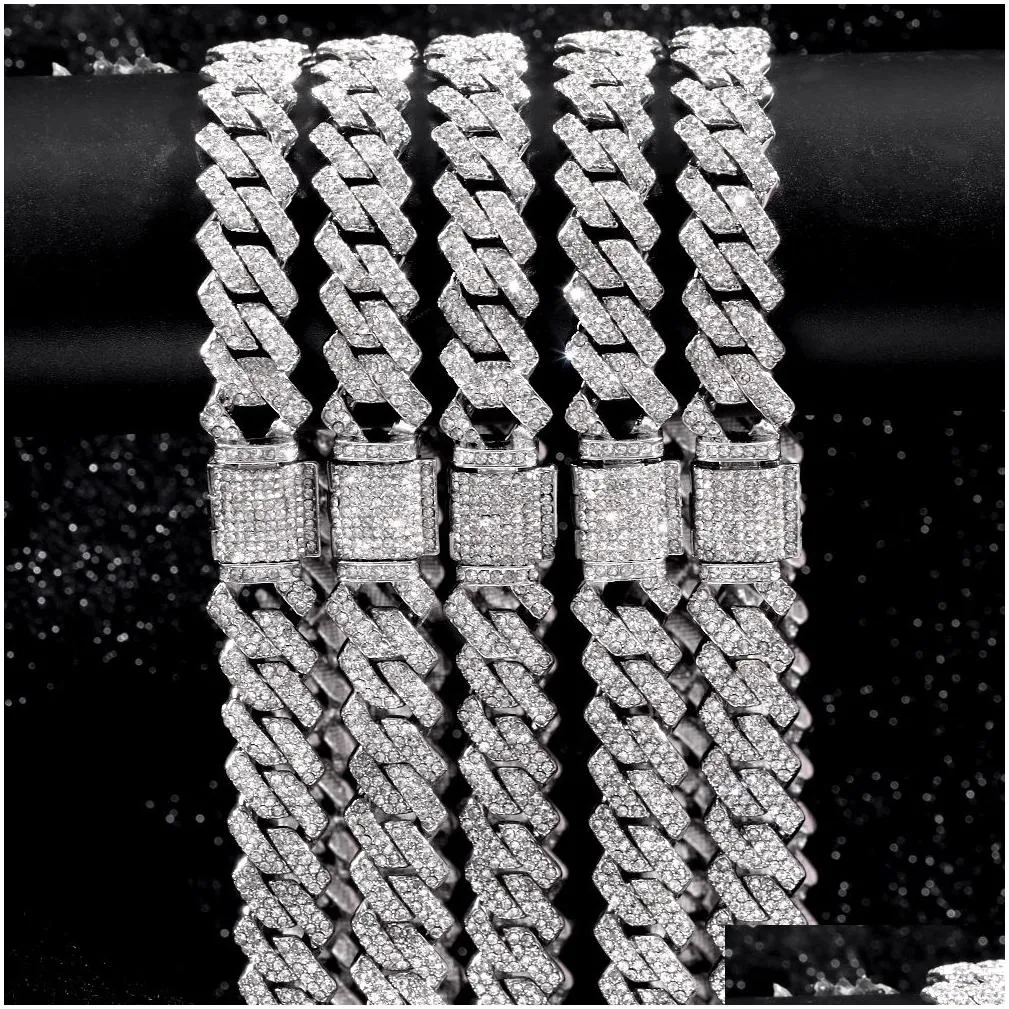 Chains 15Mm Micro Pave Prong Cuban Chain Necklaces Fashion Hiphop Fl Iced Out Rhinestones Jewelry For Men Women Drop Delivery Pendant Dhmnu