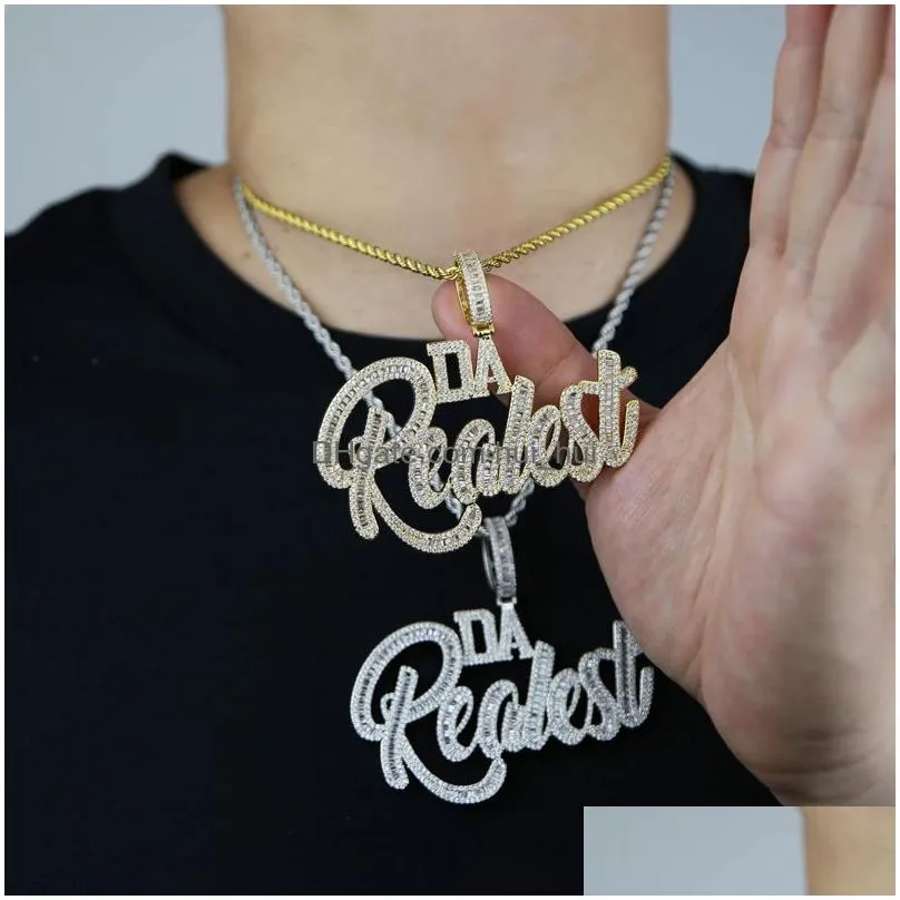 Pendant Necklaces Iced Out Hiphop Baguette Letter Necklace For Men Micro Pave Bling 5A Cubic Zirconia Cuban Rope Chain Punk Rapper J Dhkrz