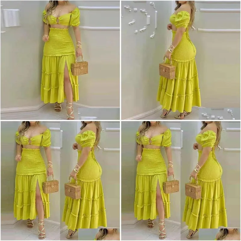 Two Piece Dress Women Elegant Set Outfits O-Ring Crop Top Frill Hem Shirred Slit Maxi Skirt Casual Summer 210521 Drop Delivery Appar Dhysk