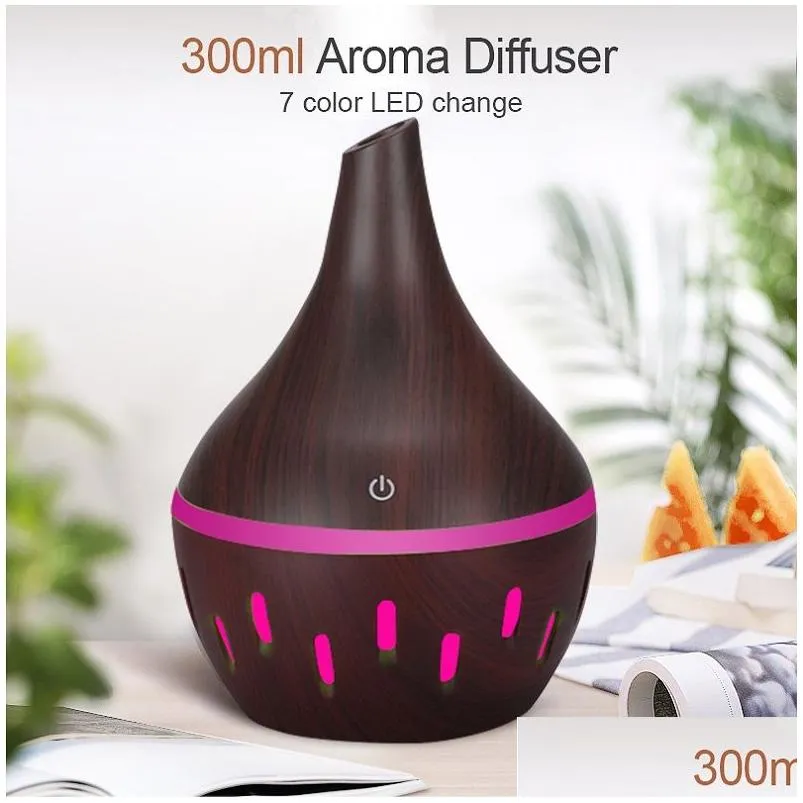  Oils Diffusers Oil Diffuser 300Ml Wood Air Humidifier Purifier With Grain Shape 7Colors Changing Led Lights For Office Dro Dh6Nk