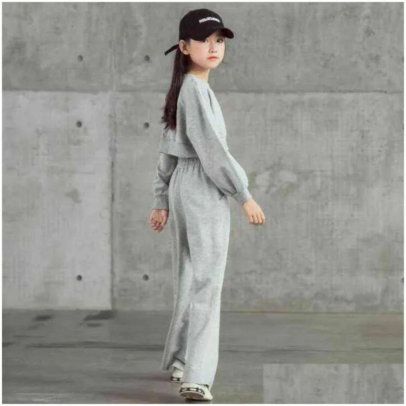 Teenage Girls Clothing Sets Teen Sport Short Top+Wide Leg Pants Loose 2Pcs Set 6 8 10 12 14 16Year Children Suit 211104