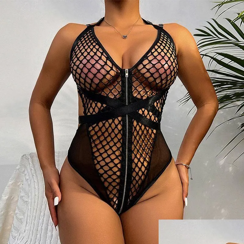 Bras Sets Women Lingerie Set Perspective Grid Sexy Bodysuit Female Erotic Mesh Underwire Pajamas Summer Sha Gather Fun Jumpsuit Drop Dhzvi