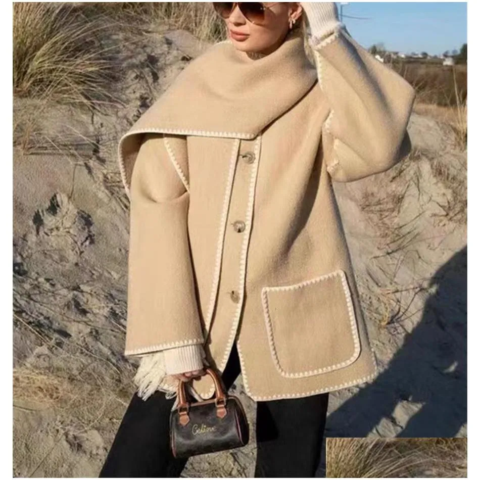 womens wool blends totemework embroidery singlebreasted coat loose silhouette round collar lambswool jacket winter woman 230227